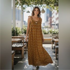 Ex Voto Iris Orange Block Print Cotton Maxi Dress Size M/L